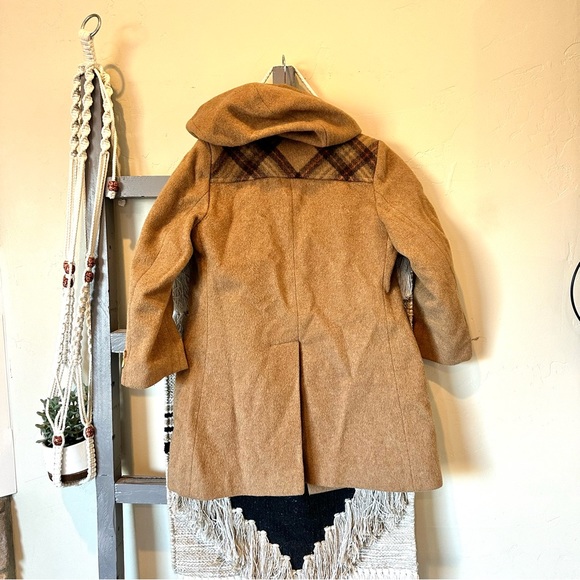 Super Wool Italian Origin Girls Pea Coat Camel Brown And Plaid - Picture 5 of 5
